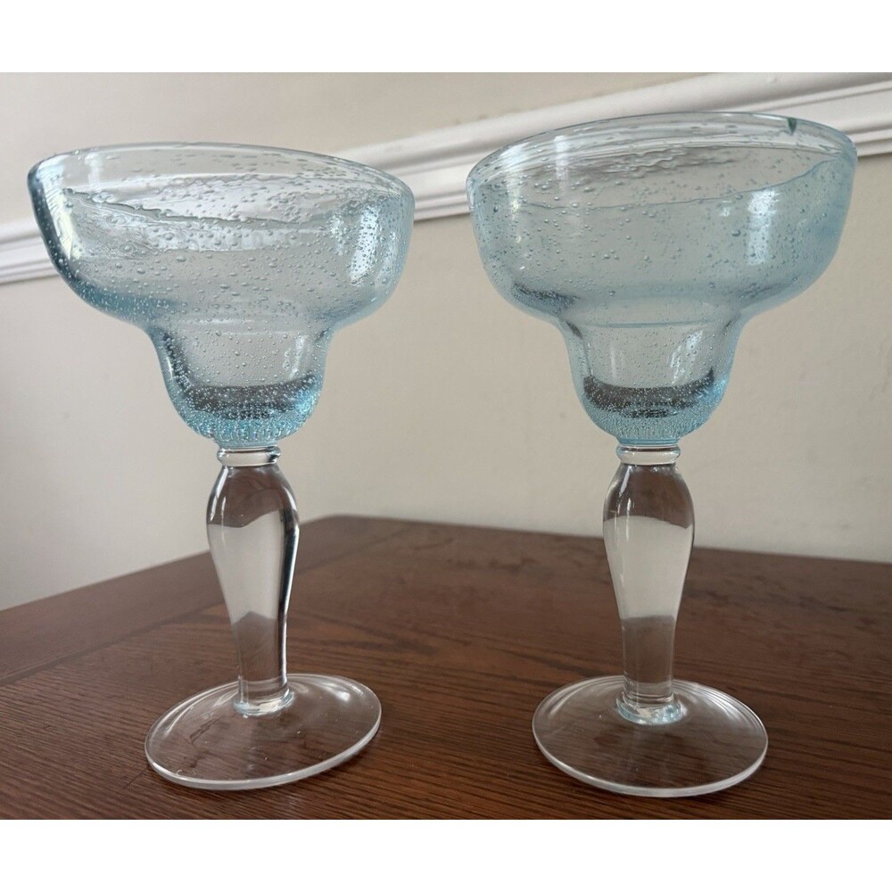Artland Blown Bubble Glass Aqua Blue Clear Margarita Glass 7.5" Set of 2